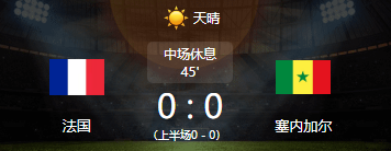半场：法国0-0塞内加尔，杰克逊中柱，双方都未破门